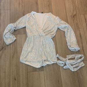Sequin Wrap Mini Dress Romper - Silver
